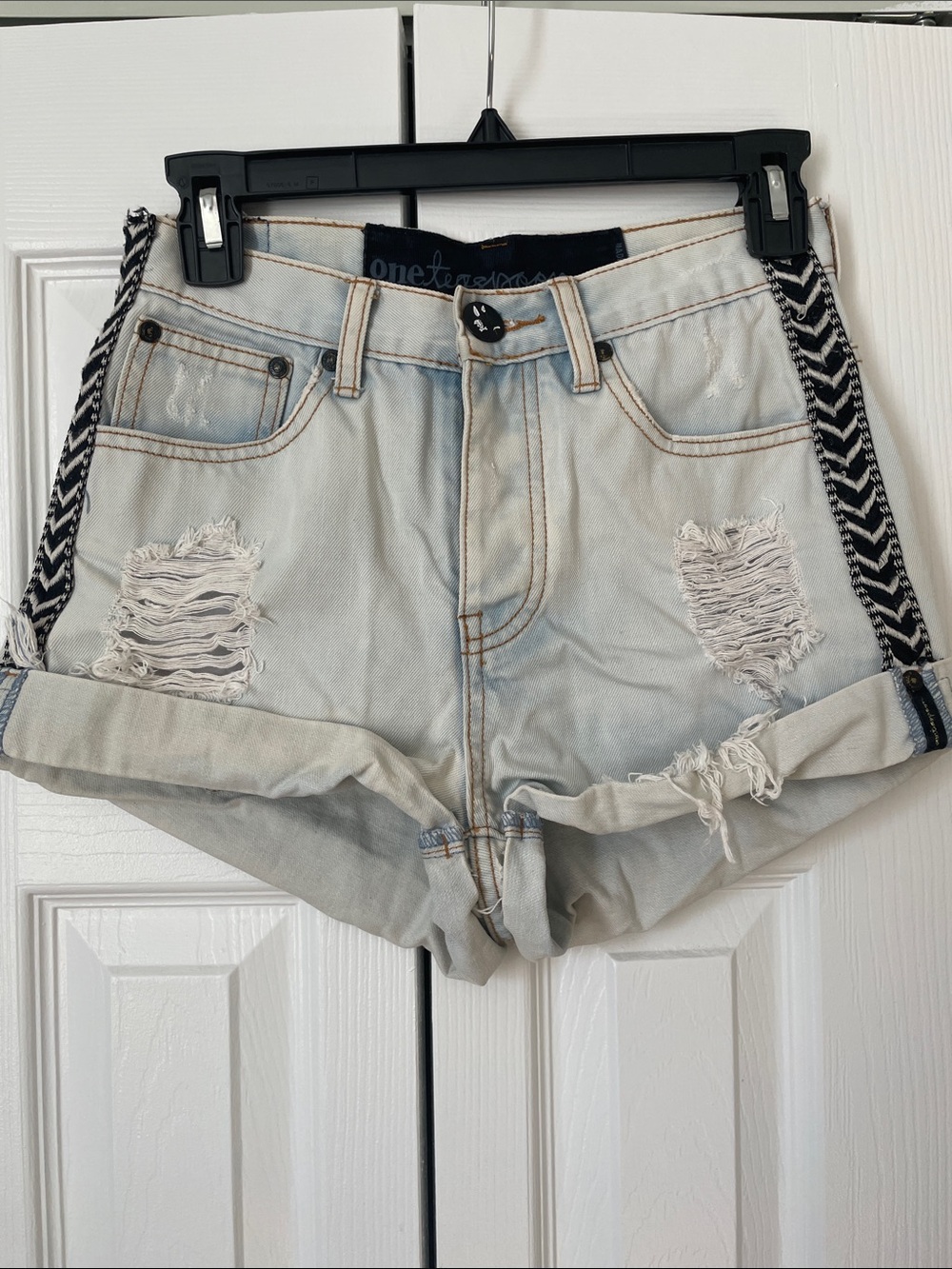 One Teaspoon High Waist Light Wash Denim Shorts with Black Chevron Side Trim
